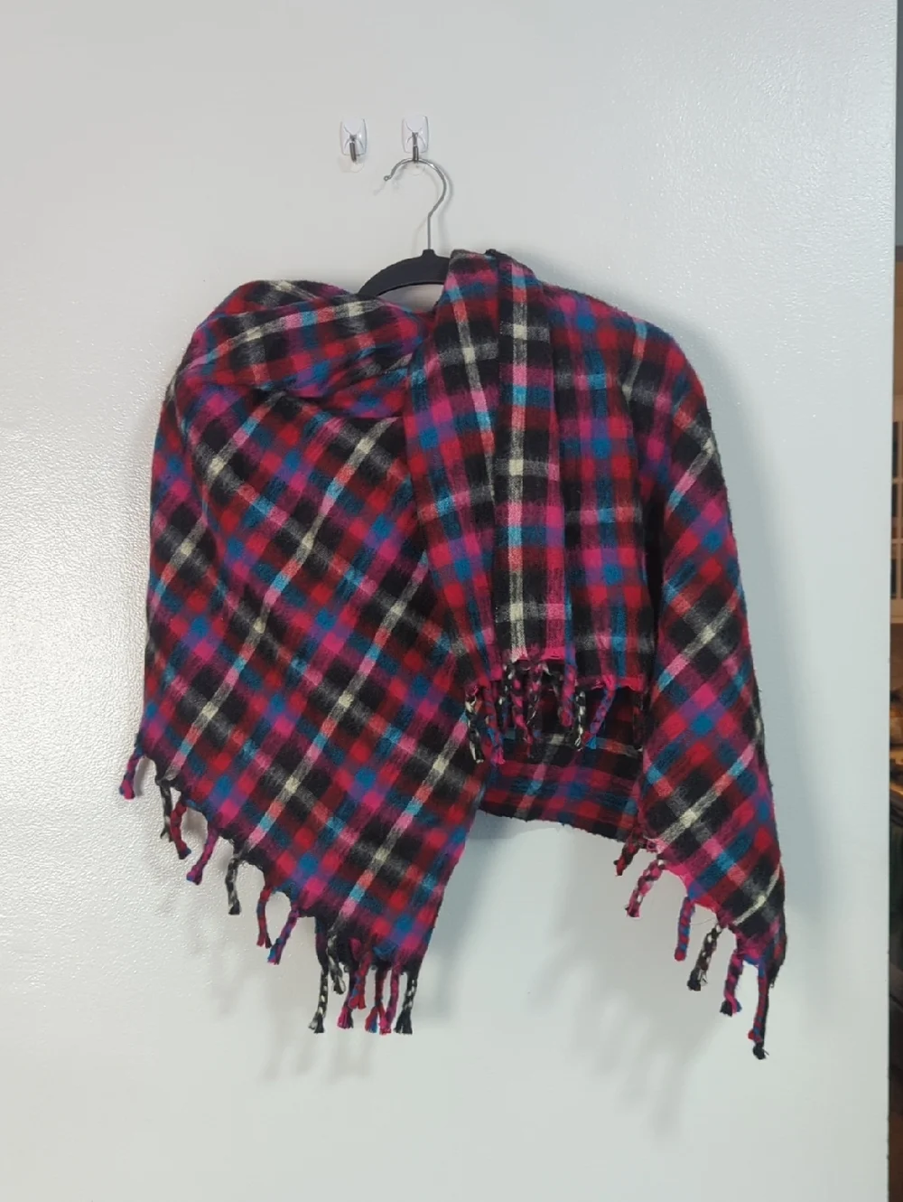 🌸Zara Man Oversized Soft & Fuzzypink Purple Blue  Plaid Fringe Scarf‎ Wrap